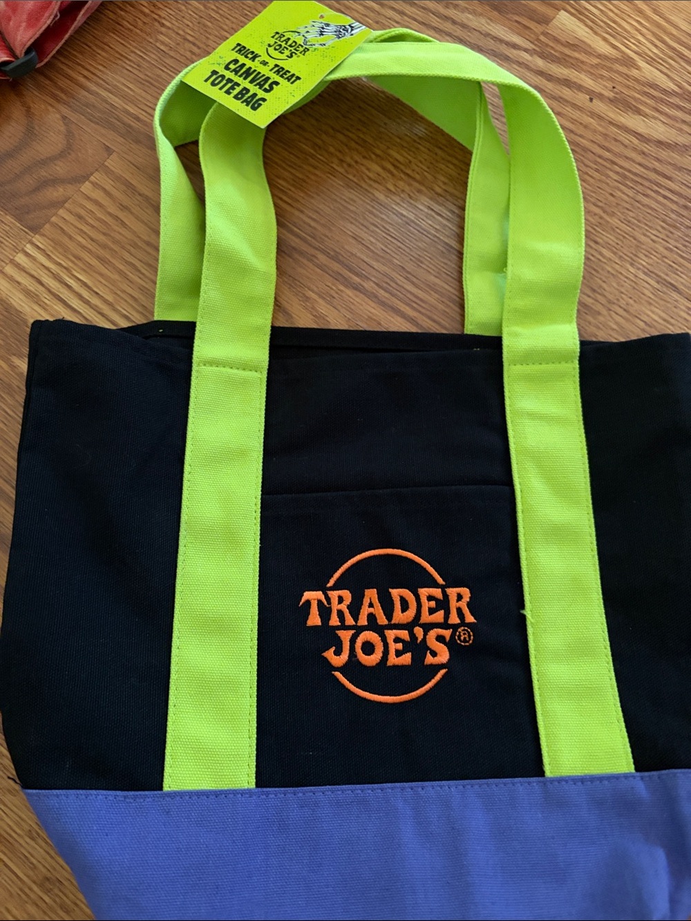 Black Canvas Tote with Lime Green Handles and Purple Base